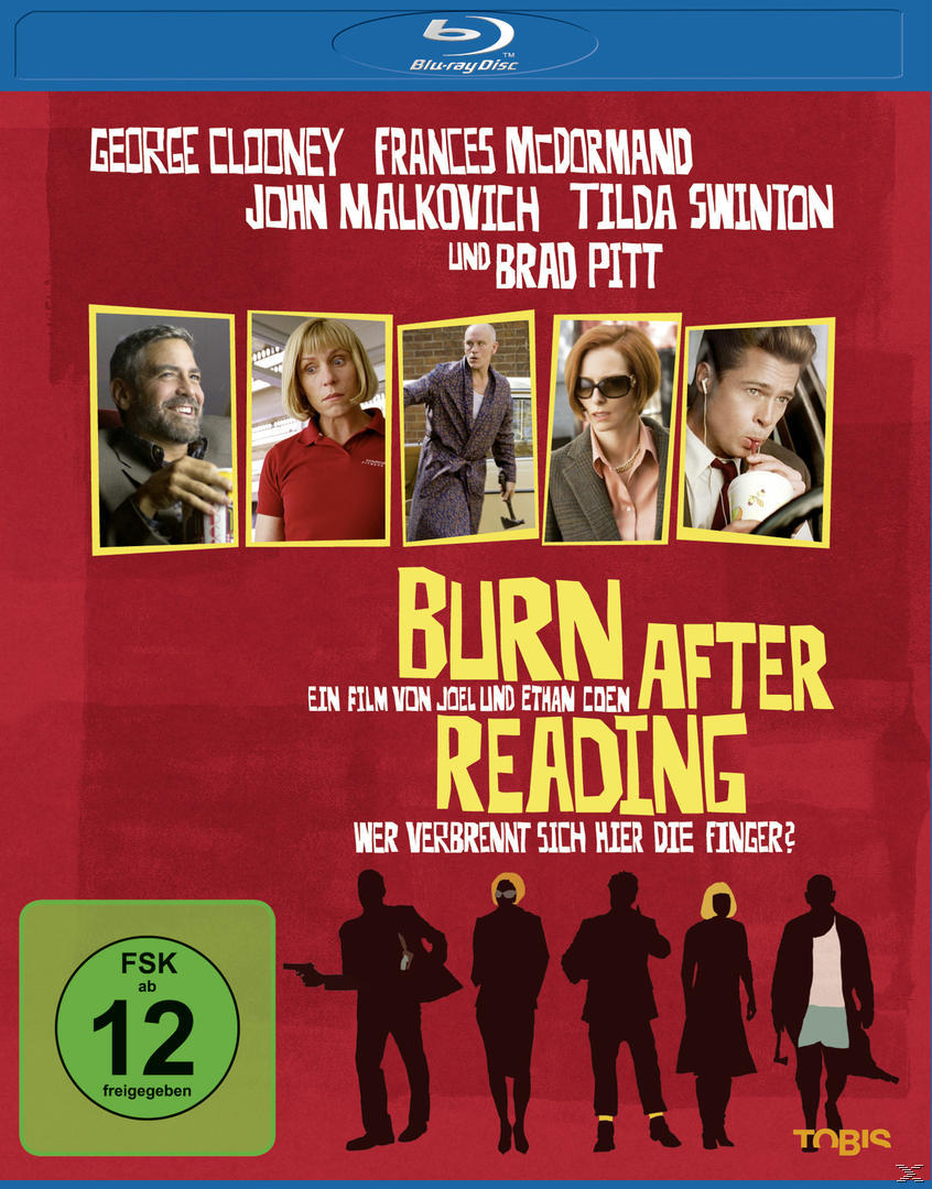 Burn After Reading DVD-Cover. George Clooney und Brad Pitt sind mit anderen Schauspielern auf dem Cover.