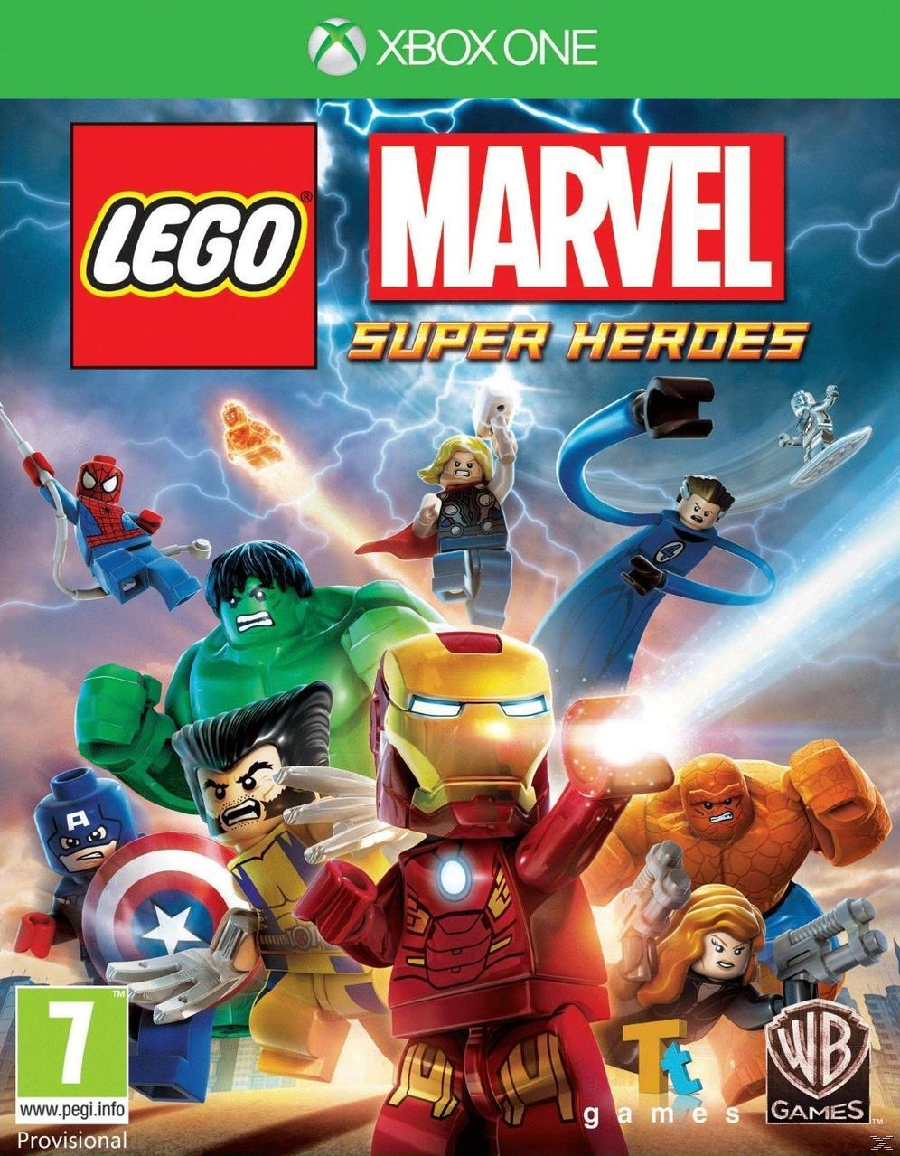 Lego Marvel Super Heroes játék borítója. Lego karakterek piros logóval és a játék címével.