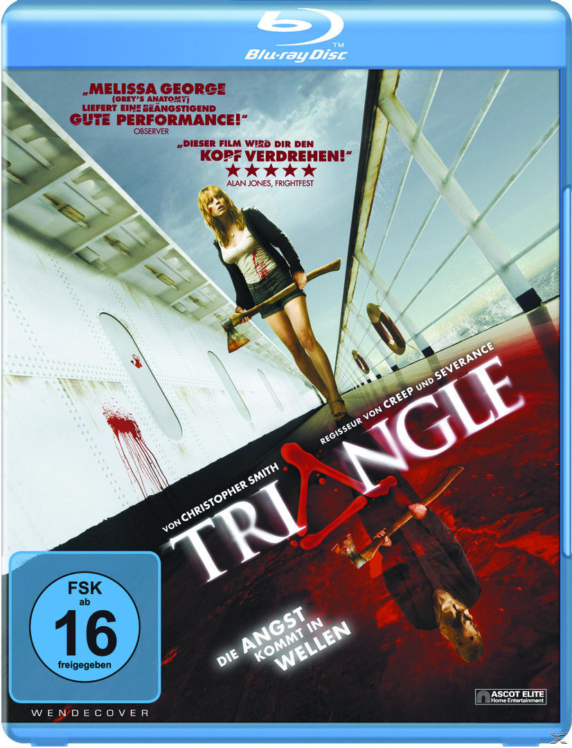 Blueray-Cover. Frau mit Axt auf einem Boot. Rote Blutspritzer links. Titel: Dreieck.