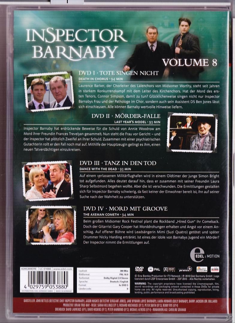 DVD-Rückseite mit Text: Inspector Barnaby - Volume 8. Listet Episoden und Schauspieler auf.