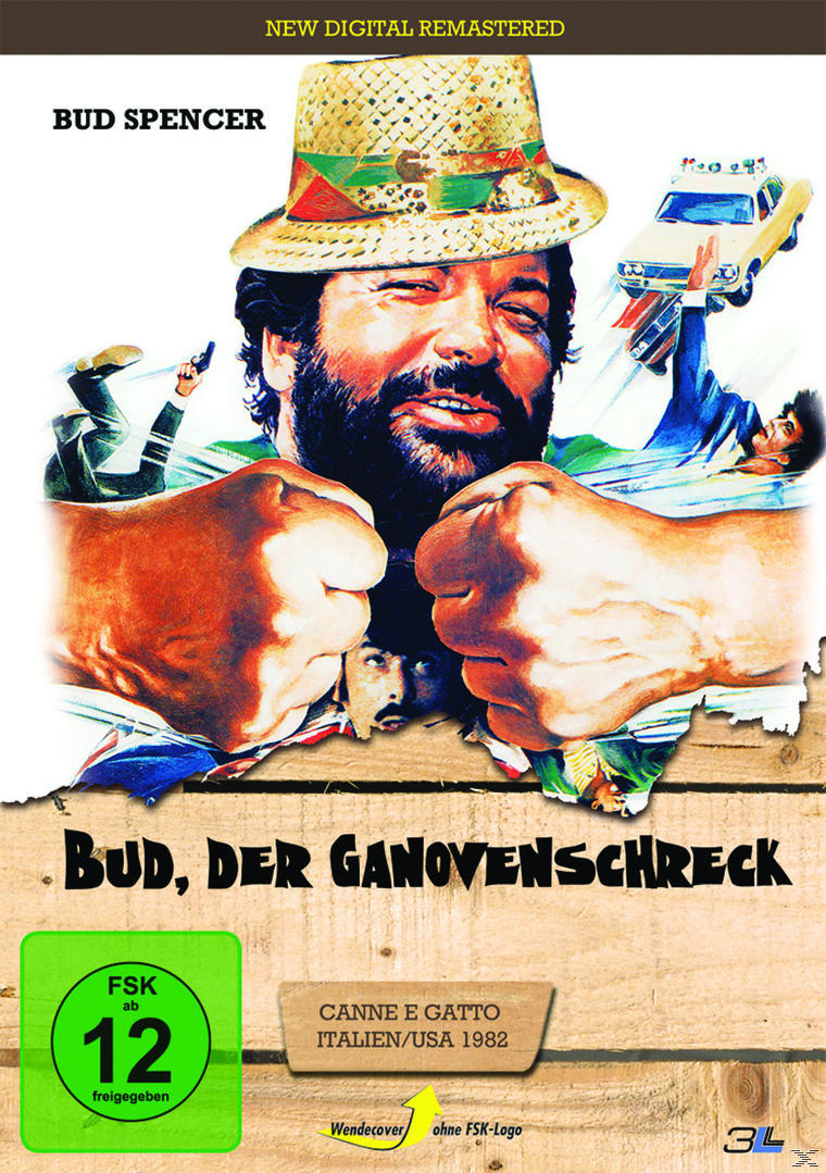 Bud Spencer Filmcover. Bud Spencer mit Hut, Fäuste hoch, und ein Auto fliegt im Hintergrund.