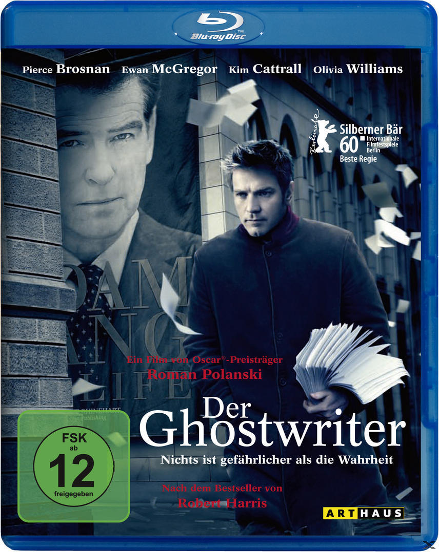 The Ghost Writer DVD-Cover. Pierce Brosnan und Ewan McGregor auf dem Cover. Text: The Ghost Writer, Roman Polanski.