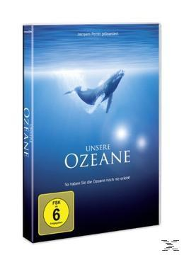DVD-Cover eines Wals im Ozean, blauer Hintergrund und der Titel 'UNSERE OZEANE'.