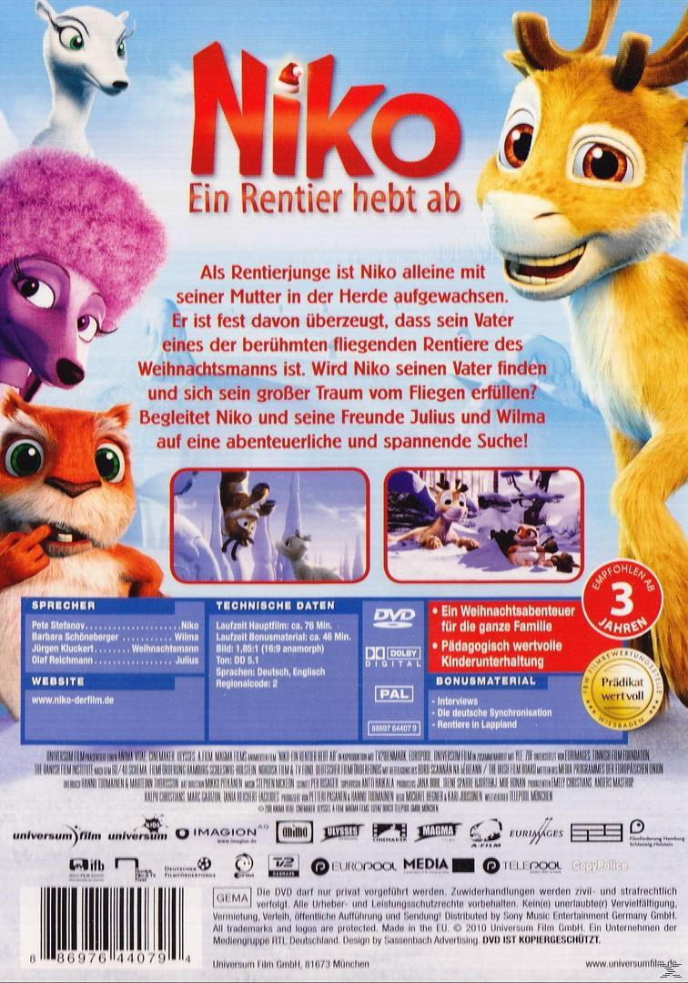 DVD-Cover. Animiertes Rentier. Text: Niko - Ein Rentier hebt ab. Winterszene, Tiere.