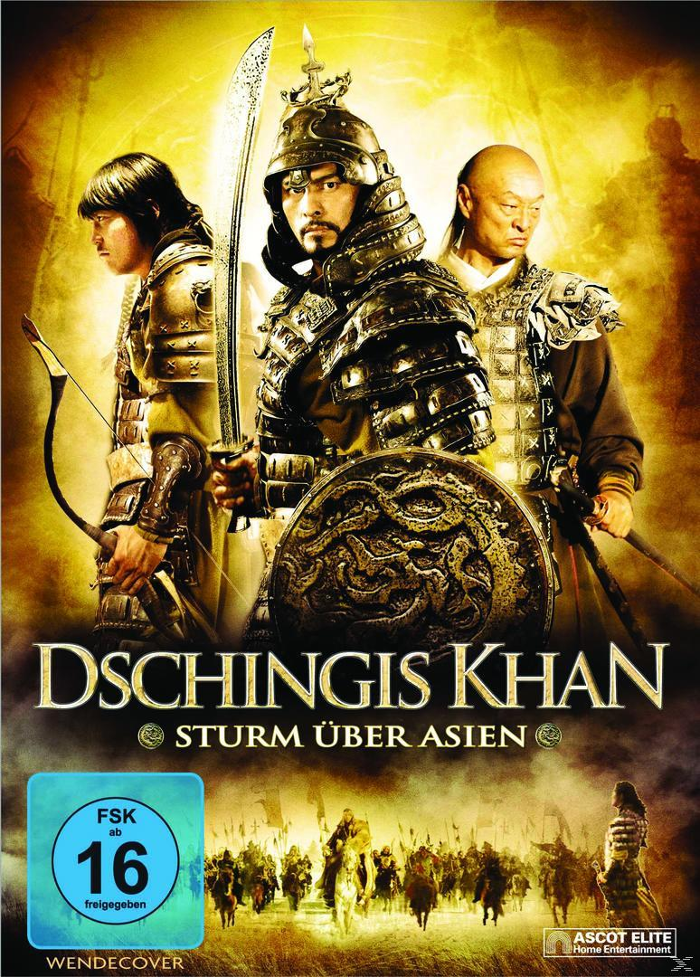Dschingis Khan DVD-Cover. Drei Männer in Rüstung mit Waffen und ein Kavallerieangriff im Hintergrund.