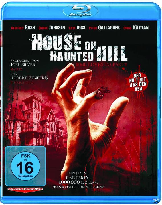 Blu-ray-Disc-Cover für 'House on Haunted Hill'. Zeigt eine Hand, die sich erhebt, mit einem gruseligen Haus im Hintergrund.