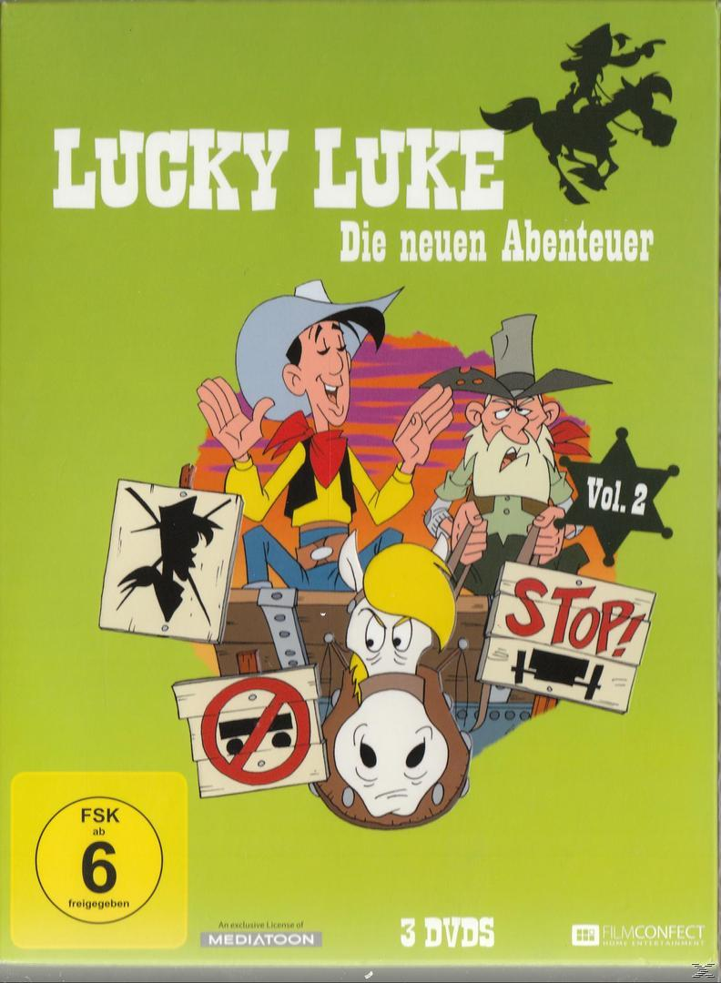 DVD-Cover von Lucky Luke. Ein Cartoon von Lucky Luke und einem anderen Mann auf einem Pferd.