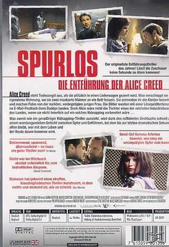 DVD-Cover, Spurlos. Bilder von Menschen, ein Mann hält eine Waffe, Text auf der Rückseite.