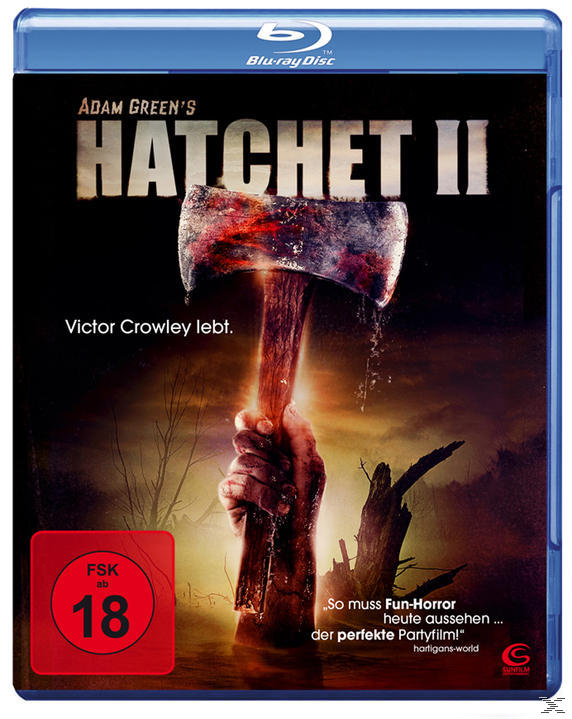 Blu-ray-Hülle, Hatchet II, mit einer Hand, die eine Axt hält, und dem Titel.