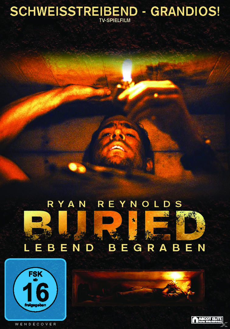 Filmplakat. Mann in einer Kiste lebendig begraben. Titel: Buried. Dunkler Hintergrund. Deutscher Text.