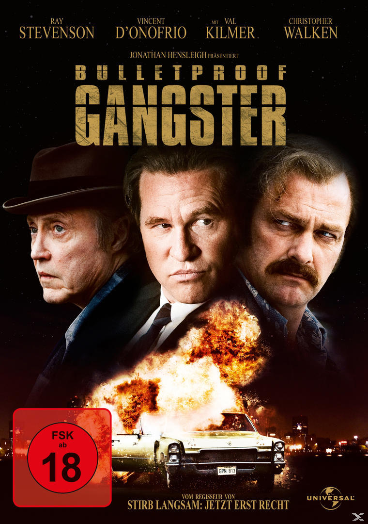 Bulletproof Gangster DVD-Cover. Drei Männer mit Autoexplosion.