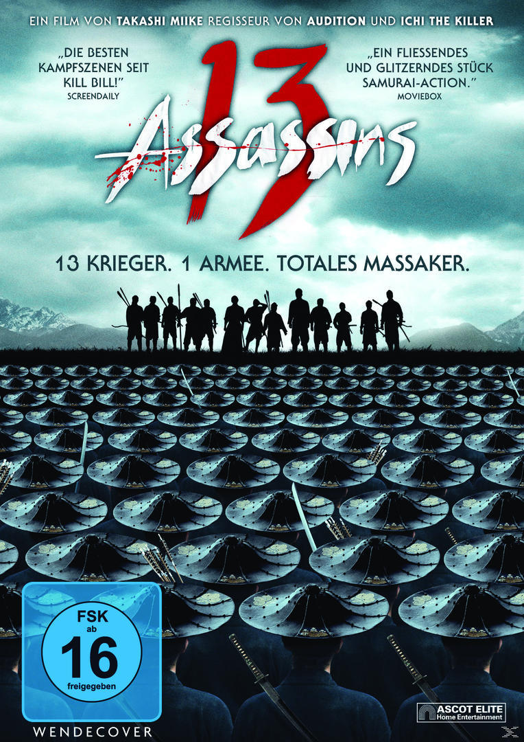 13 Assassins DVD-Cover. Silhouetten von Kriegern stehen vor einem Feld von Waffen. Text: 13 Krieger.