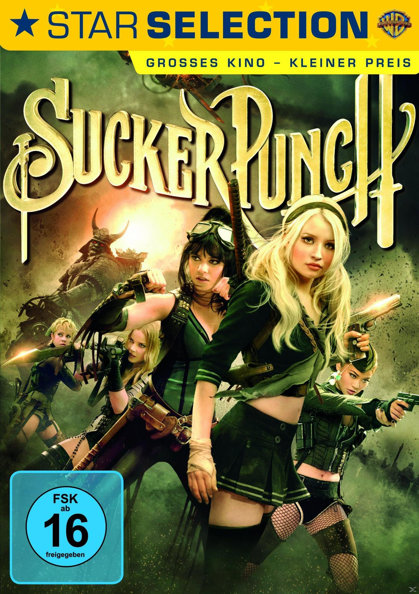 DVD-Hülle mit dem Titel Sucker Punch. Frauen in Kostümen mit Waffen und blauem Hintergrund.