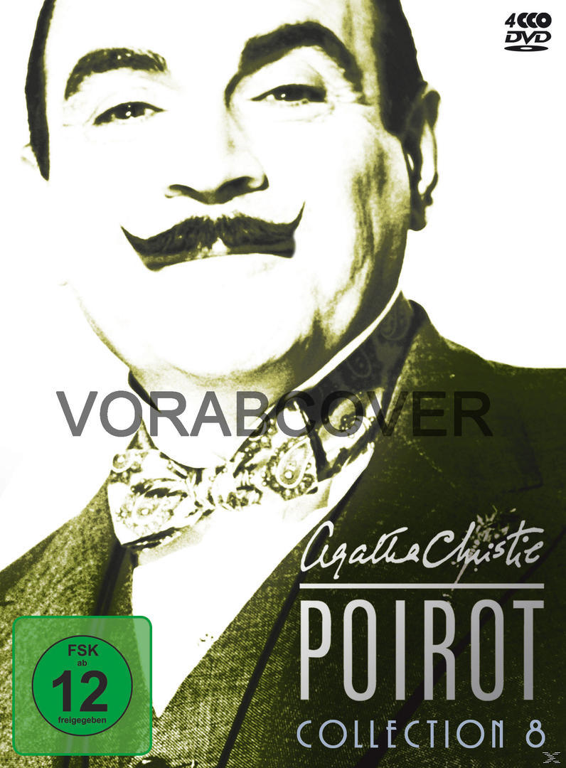 DVD-Cover: Poirots Gesicht, schwarzweiß, mit Schnurrbart und Fliege. Text: Agatha Christie Poirot Collection 8.