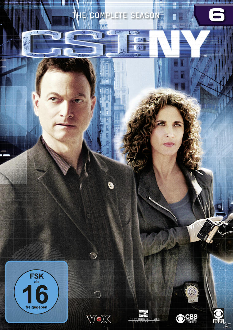 CSI: NY DVD-Cover. Zwei Personen vor Stadt-Hintergrund. FSK 16-Logo in Ecke.