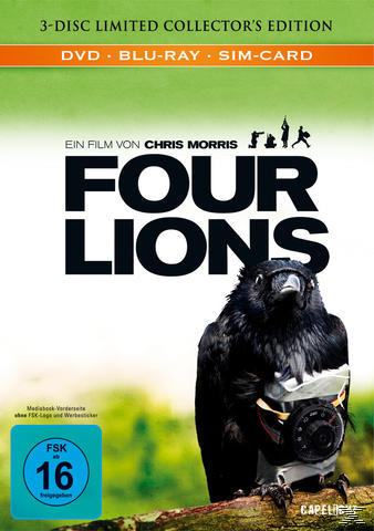 Filmcover, Krähe mit Bombe, Titel 'Four Lions'. Oben: DVD, Blu-ray, Sim-Karte. Unten: FSK 16 Logo.