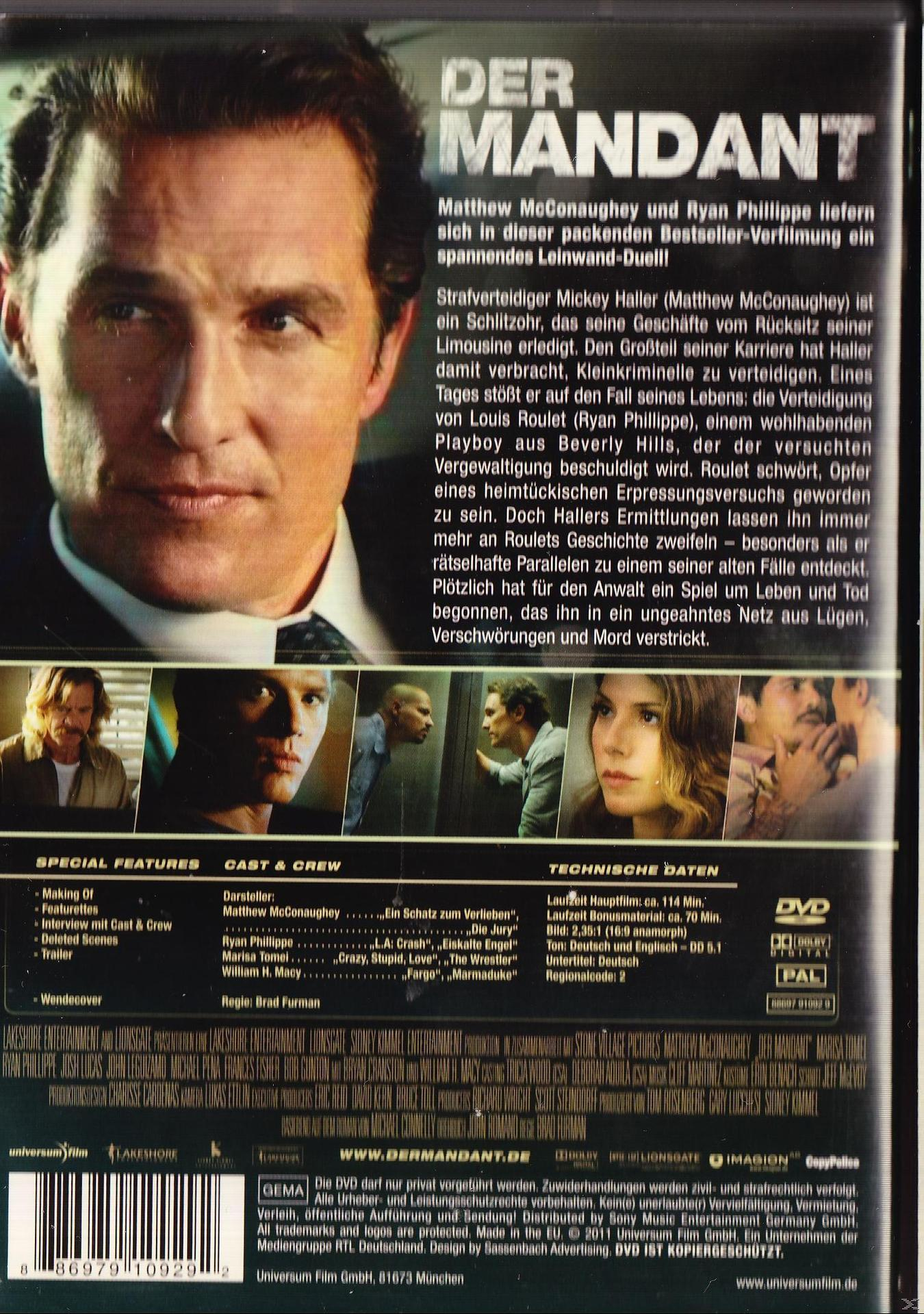Filmcover mit Matthew McConaugheys Gesicht. Text: Der Mandant.