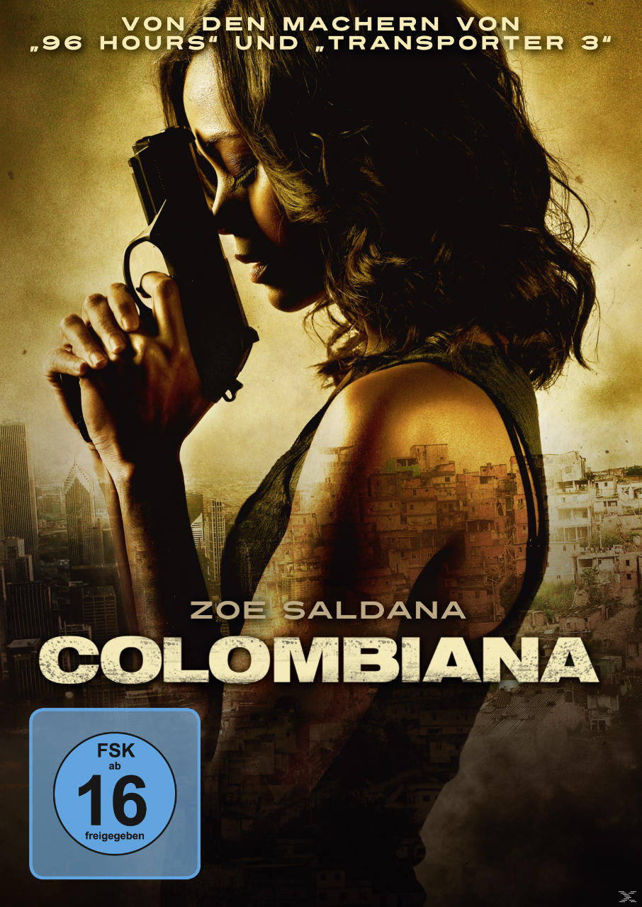 Eine Frau hält eine Waffe, Filmposter für den Film 'Colombiana'. Hintergrund zeigt eine Stadtlandschaft.