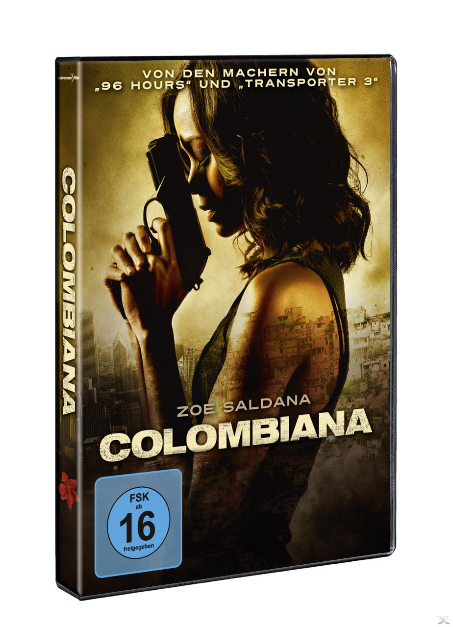 DVD-Cover: Colombiana, Zoe Saldana hält eine Waffe, Stadt im Hintergrund.