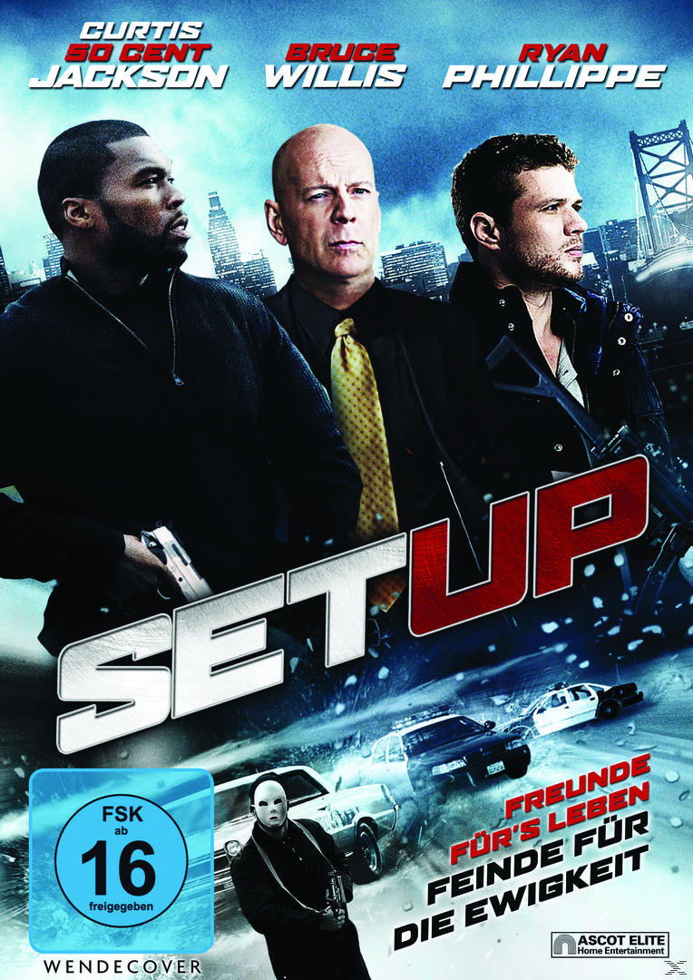 Filmposter mit Curtis Jackson, Bruce Willis und Ryan Phillippe. Titel „Setup“ mit Autos und Action im Hintergrund.