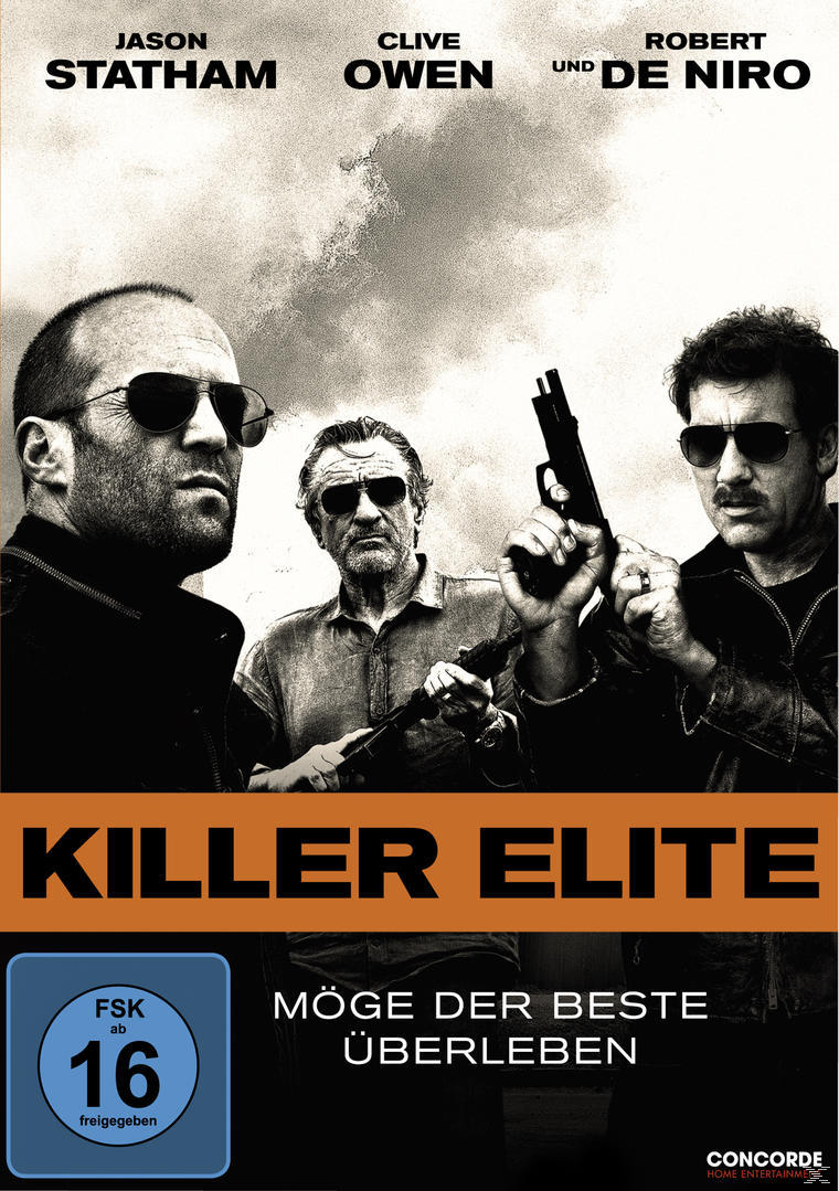 Filmposter „Killer Elite“. Jason Statham, Clive Owen und Robert De Niro in Schwarzweiß.