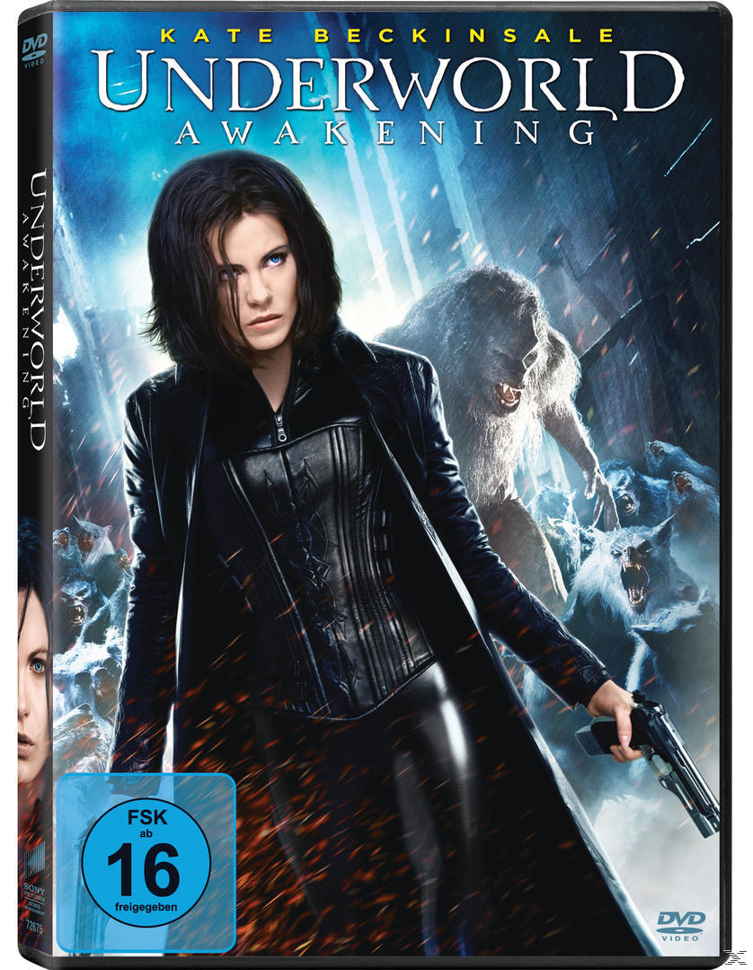 Underworld Awakening DVD-Cover. Kate Beckinsale in schwarzem Outfit mit Pistole, Werwolf.