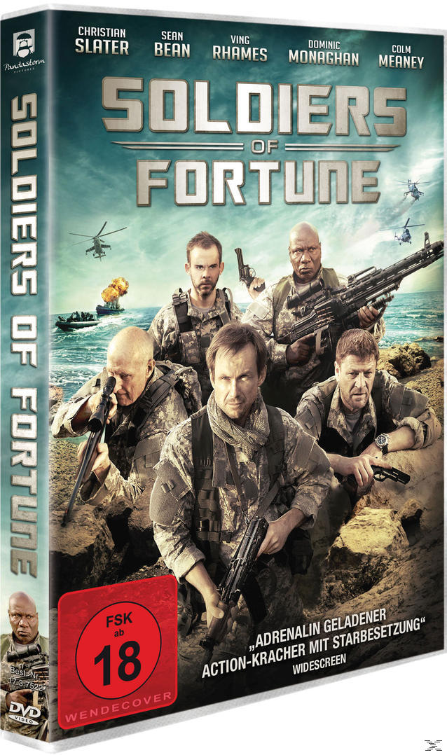 Soldiers of Fortune DVD-Cover. Männer in Militäruniform stehen vor einem Himmel mit Hubschraubern und Strand.