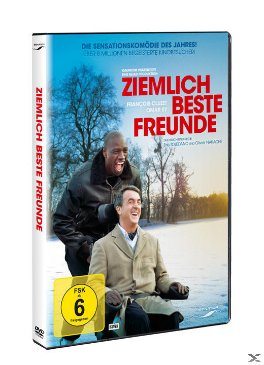 DVD-Cover des Films 'Ziemlich beste Freunde'. Zwei Männer, einer im Rollstuhl, lächelnd, mit Winterhintergrund.