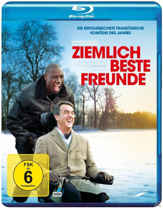 Filmcover. Zwei Männer, einer im Rollstuhl. Französischer Titel: Ziemlich beste Freunde. Blu-ray Label.