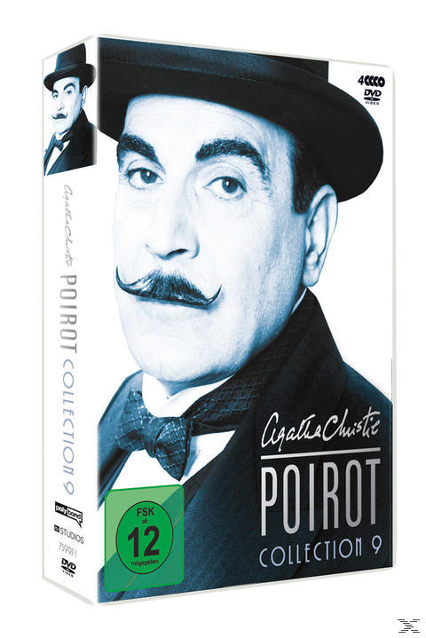 Poirot Collection 9 DVD-Hülle. Schwarz-Weiß-Bild eines Mannes mit Schnurrbart.