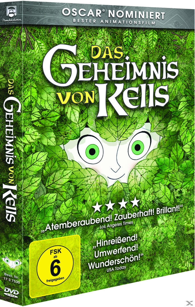 DVD-Cover des Animationsfilms Das Geheimnis von Kells mit grünem Blätterhintergrund und einem Cartoon-Gesicht.