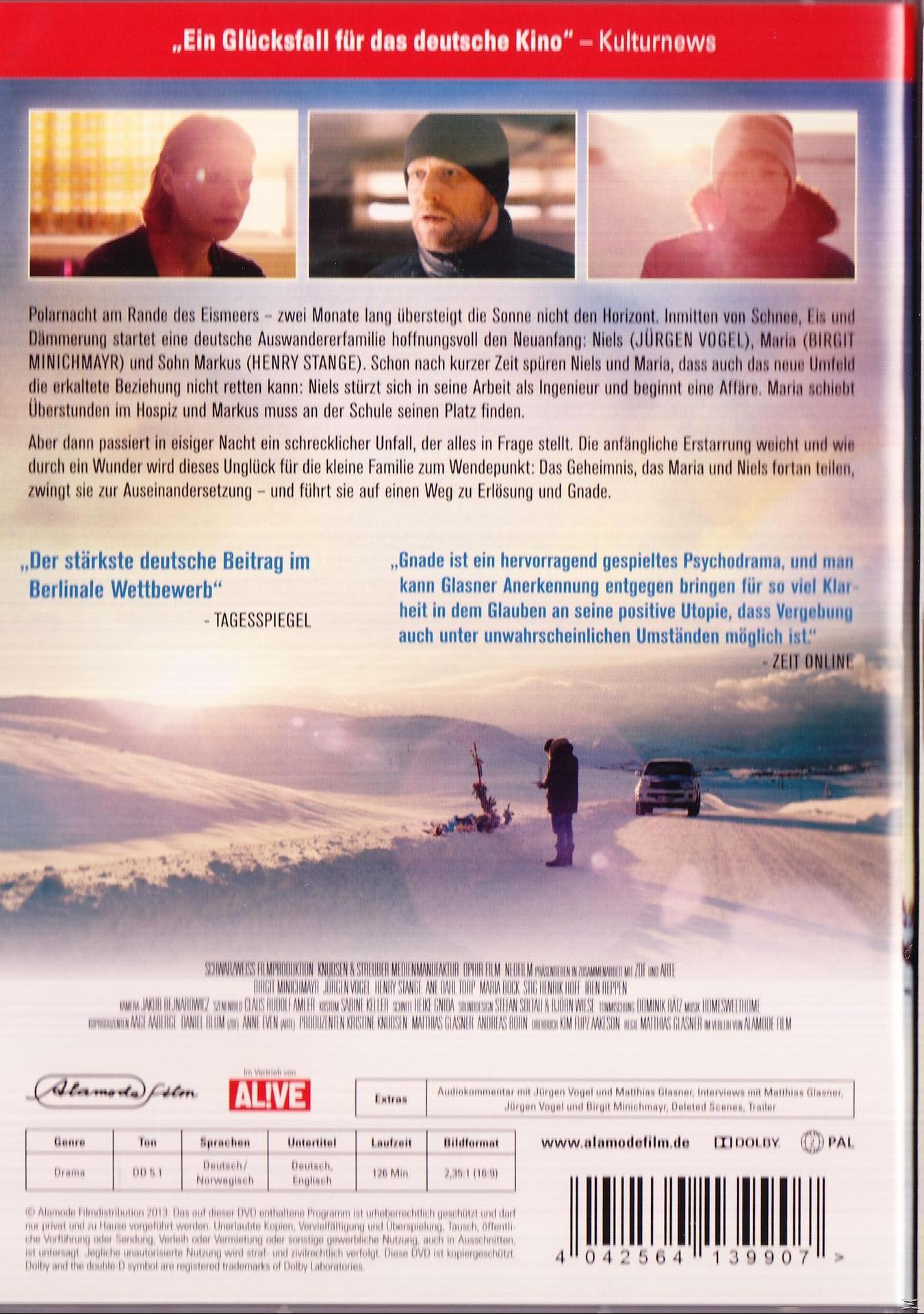 Filmposter über einen Film mit drei Personen im Schnee mit dem Titel 'Gnade' auf Deutsch.