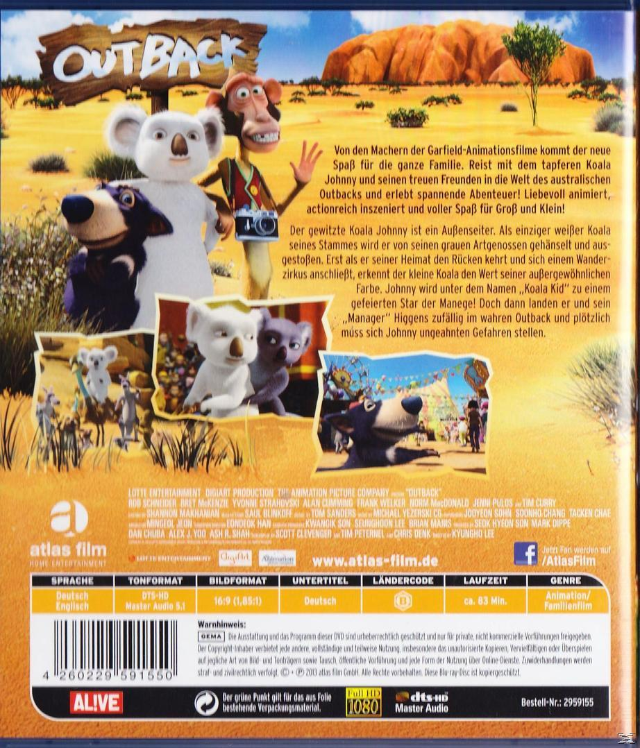 Die Rückseite der 'Outback'-DVD-Hülle. Zeichentrickfiguren sind abgebildet, zusammen mit Text in mehreren Sprachen.