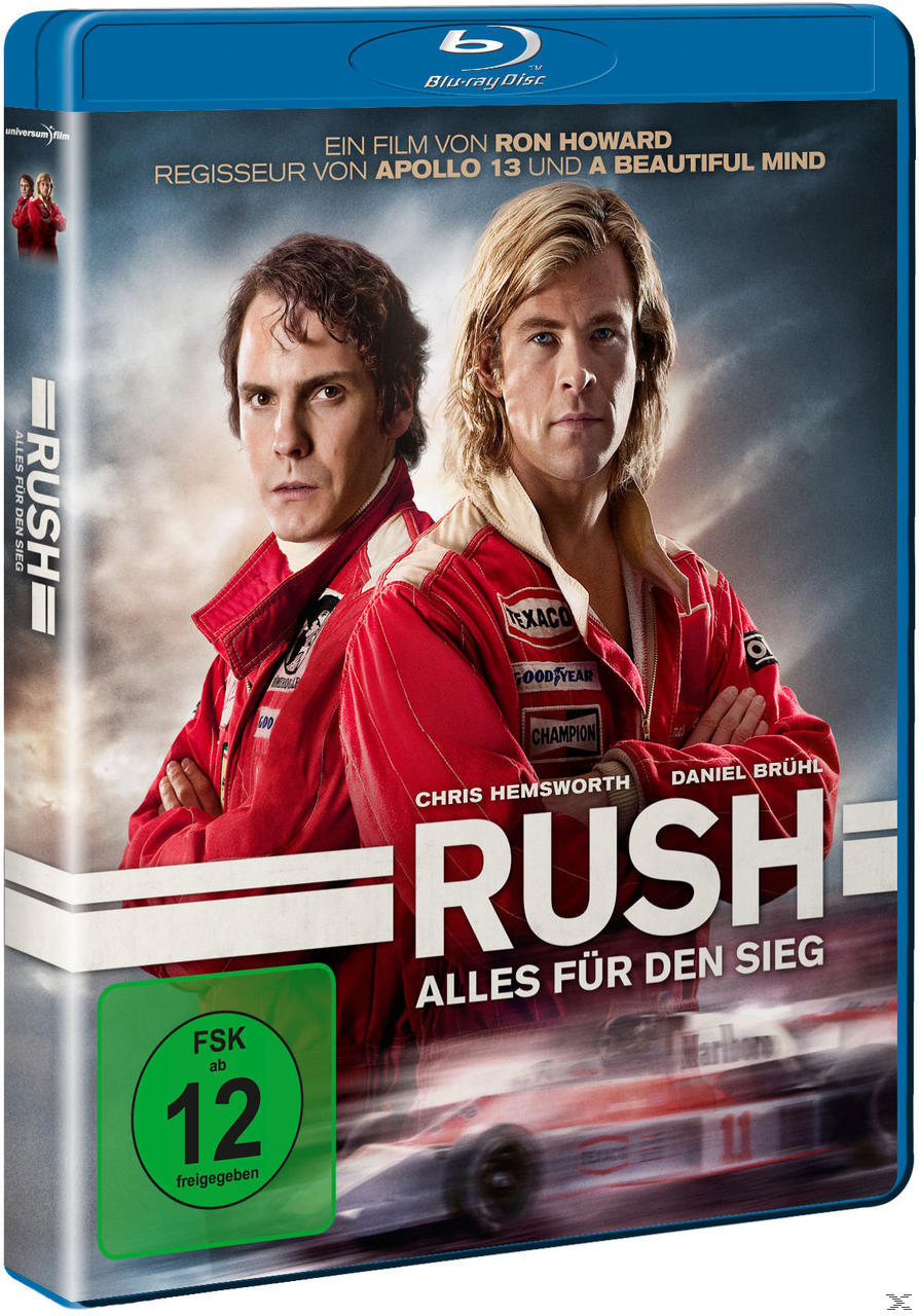 Rush Blu-ray-Cover: Zwei Männer in roten Rennanzügen, Rennwagen.
