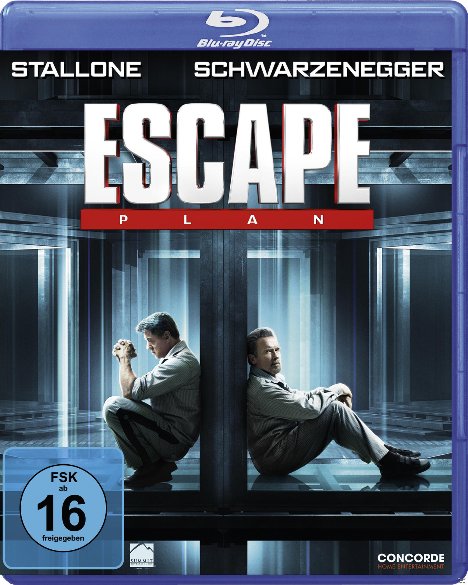 Filmcover: Stallone und Schwarzenegger sitzen Rücken an Rücken im Gefängnis. Der Titel „Escape Plan“ ist prominent.