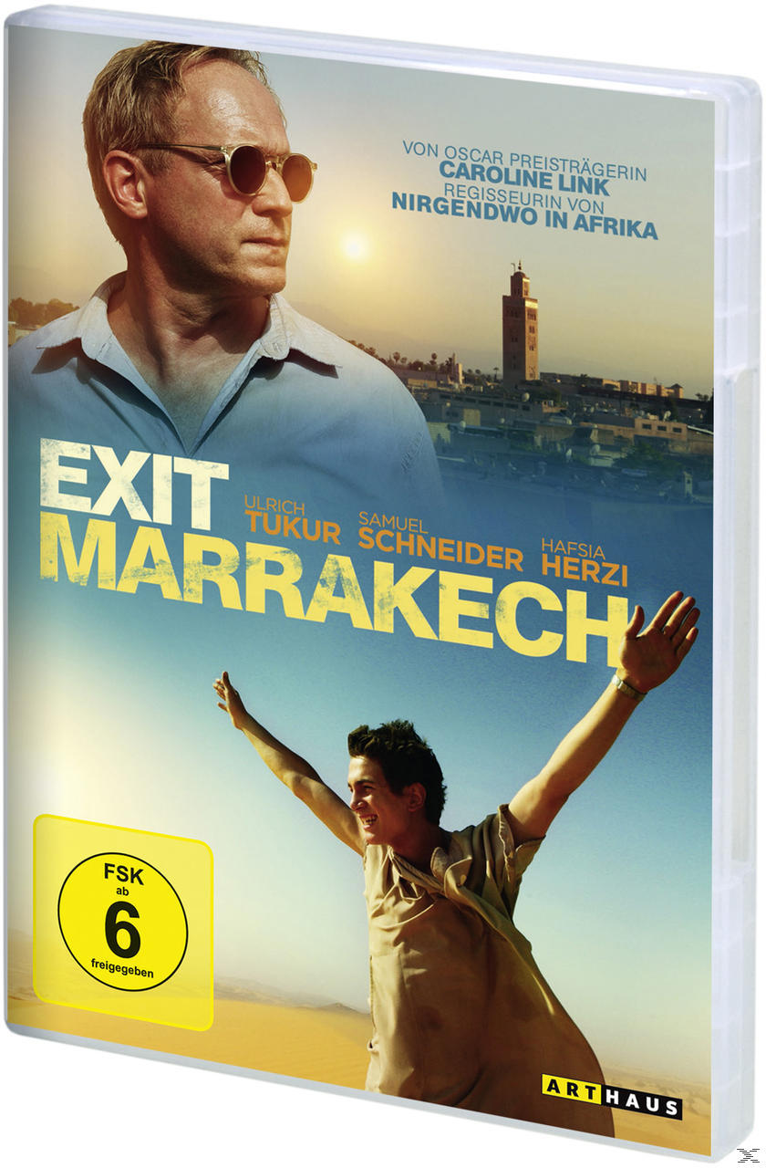DVD-Cover. Zwei Männer. Text: Exit Marrakesch. FSK 6-Aufkleber. Wüstenlandschaft.