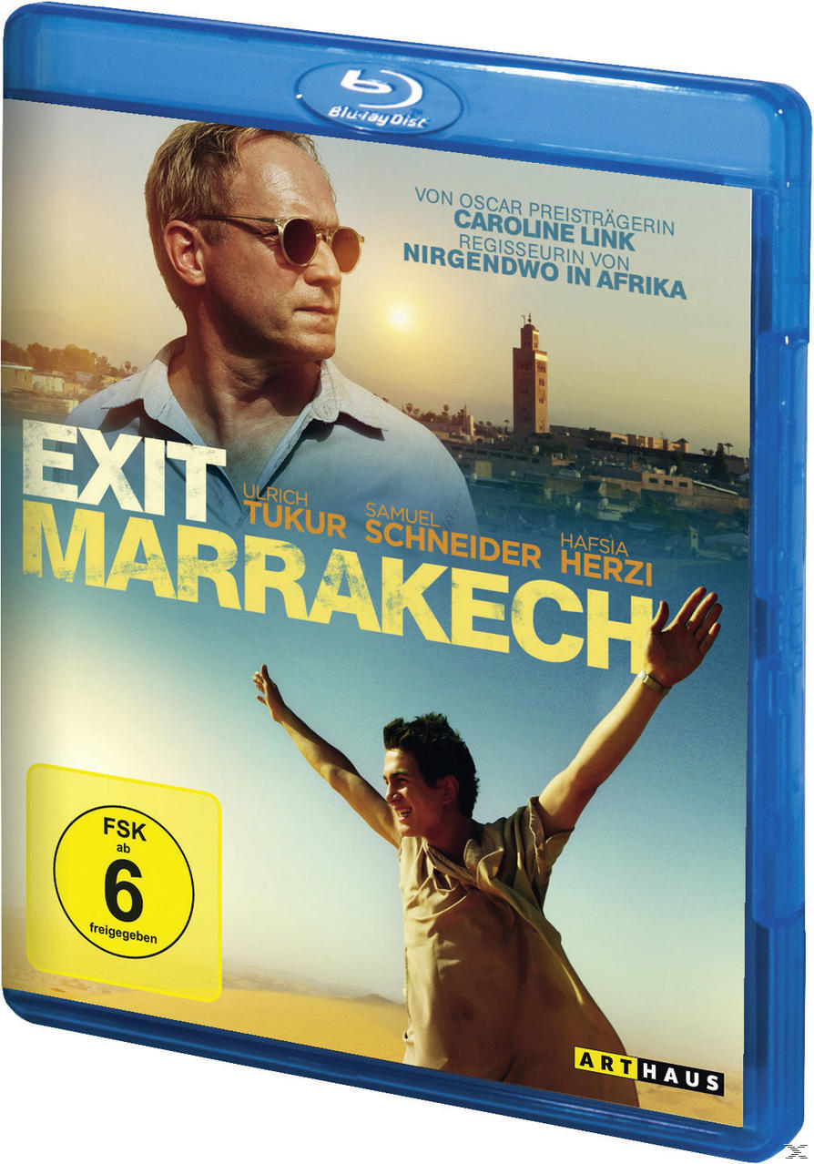 DVD-Cover mit einem Mann mit Sonnenbrille und Stadtlandschaft, Text 'EXIT MARRAKECH'.
