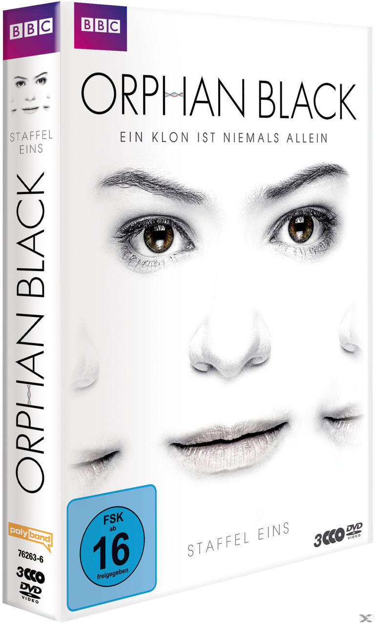 DVD-Cover: Orphan Black. Weißer Hintergrund mit mehreren Gesichtern und Text.