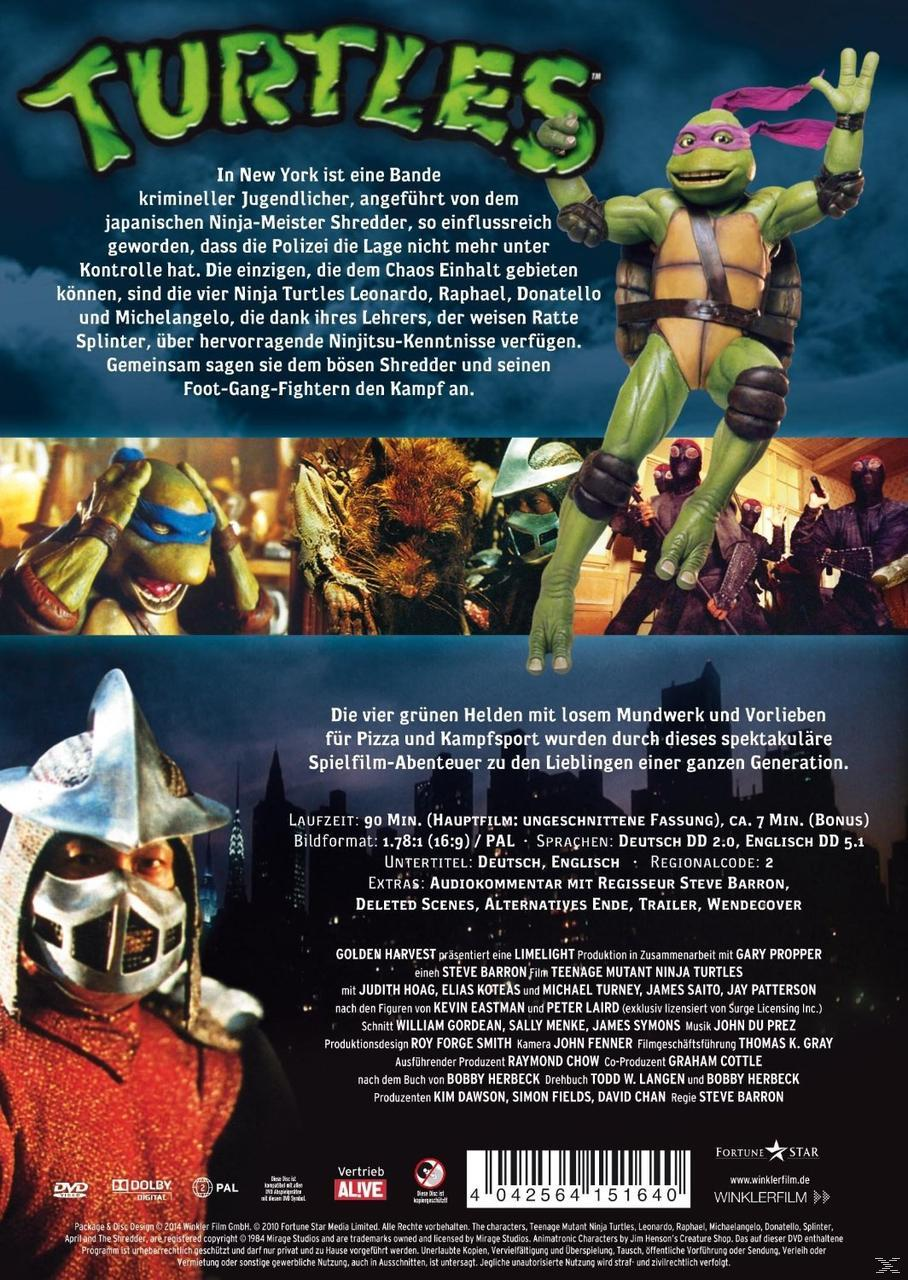 Rückseite einer Teenage Mutant Ninja Turtles DVD-Hülle. Text und Bilder der Charaktere.