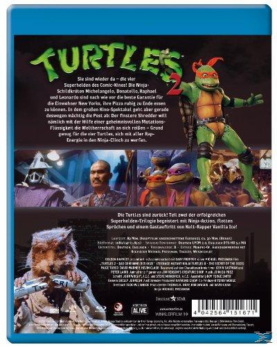 Rückseite der Blu-ray Disc. Das Bild zeigt Schildkröten und einen Ninja im Hintergrund.