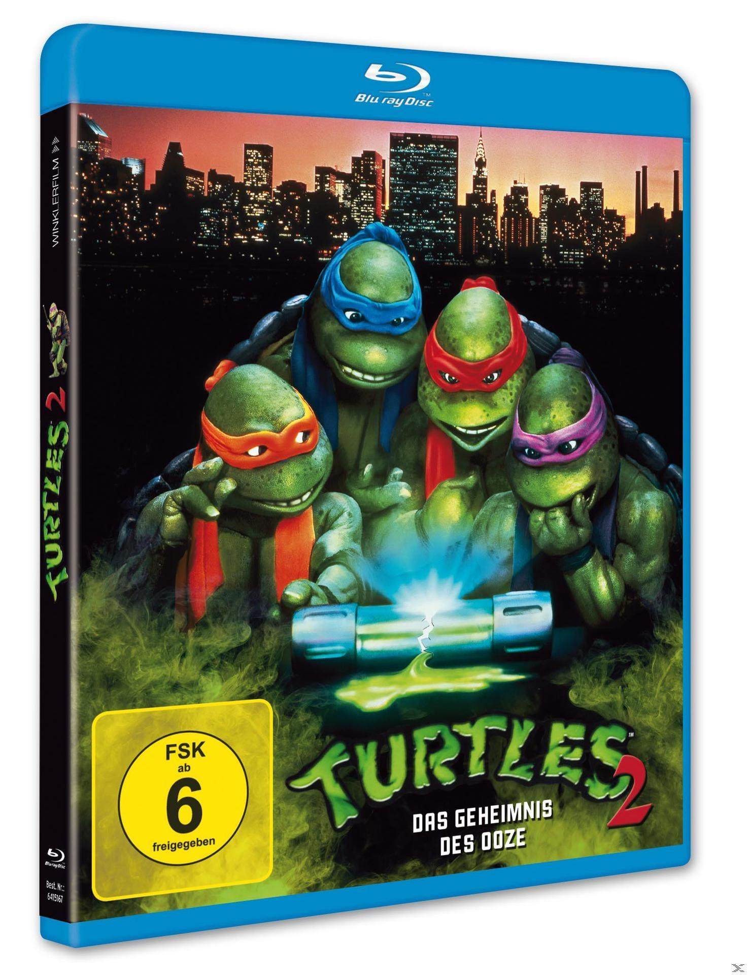 Blu-ray-Cover von Teenage Mutant Ninja Turtles 2, mit den Turtles und einer Skyline der Stadt.