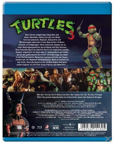 DVD-Cover: Rückseite von Teenage Mutant Ninja Turtles 3. Charaktere und Text über den Film.