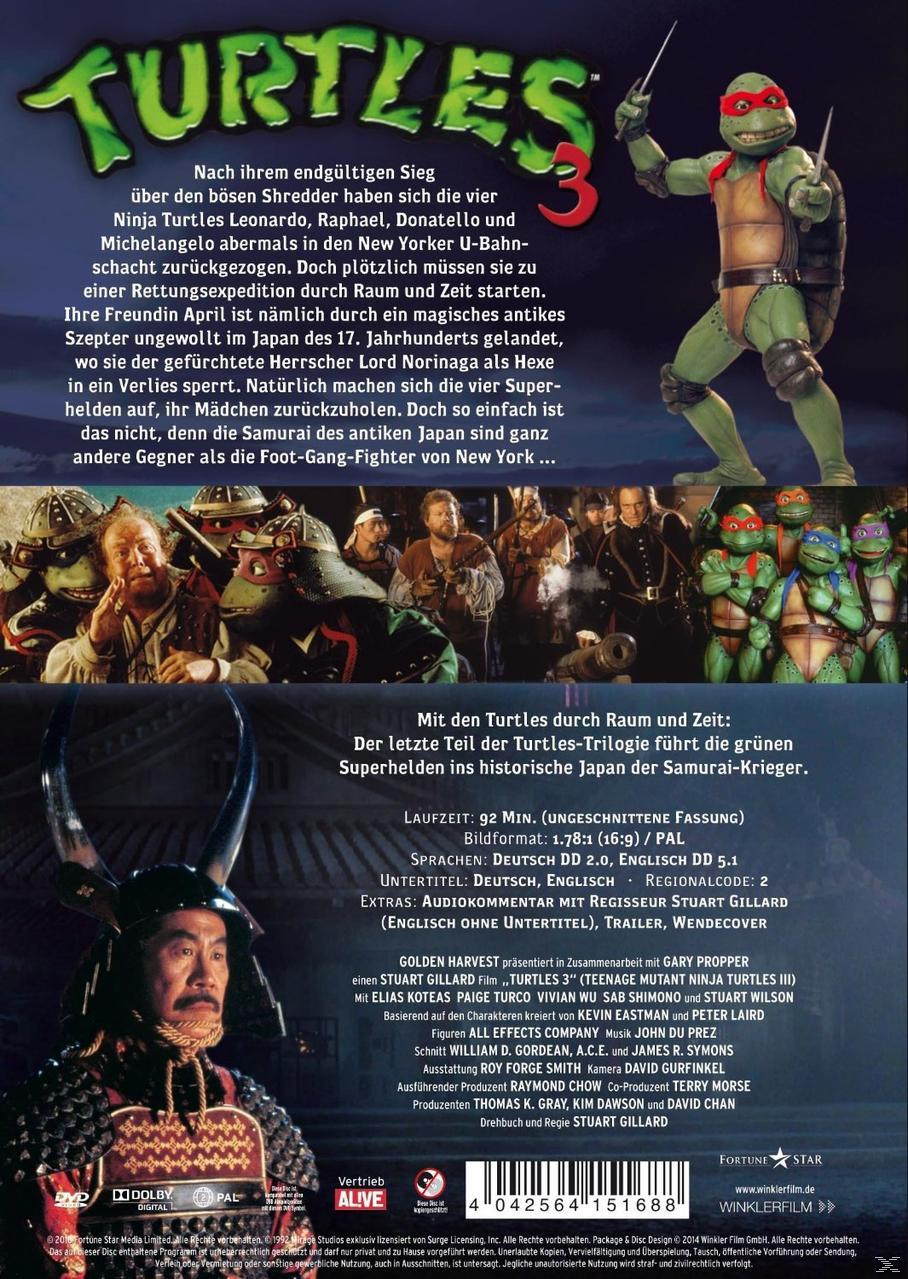 DVD-Cover für Teenage Mutant Ninja Turtles 3. Schildkröten mit Waffen. Hintergrund: japanische Krieger und Stadt.