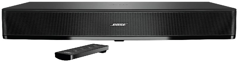 Bose soundbar, zwart, met afstandsbediening op een witte achtergrond.