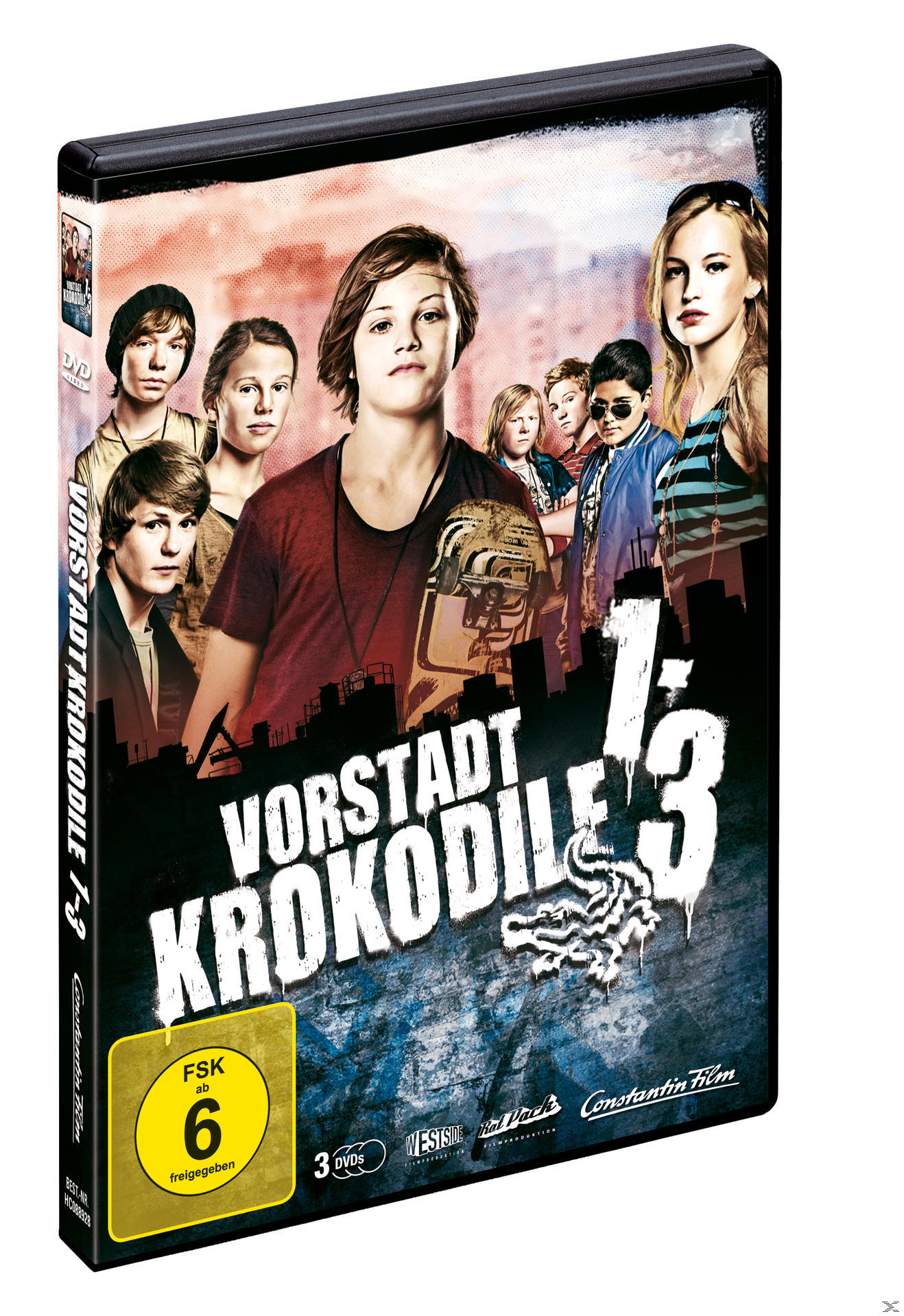 DVD-Cover von "Vorstadtkrokodile 1-3" mit einer Gruppe junger Leute. Titel und Bewertung sind sichtbar.