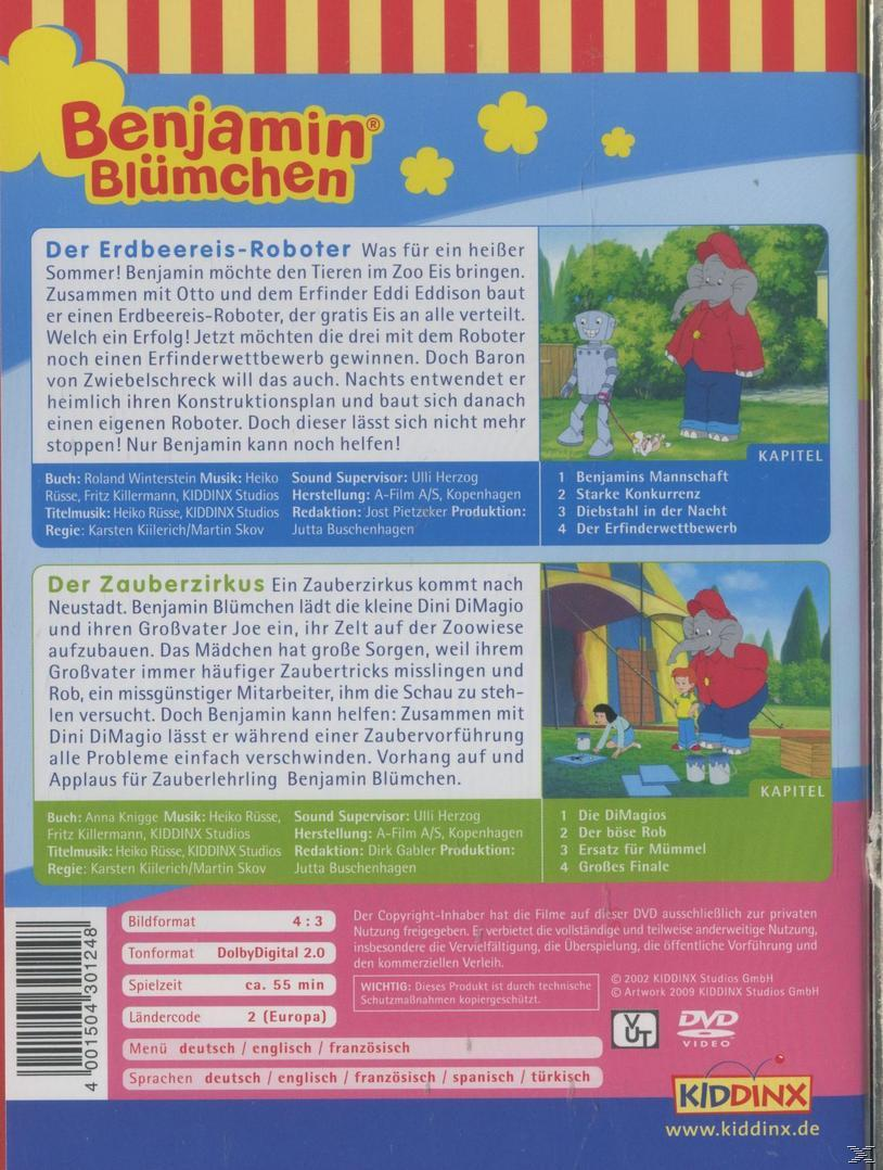 DVD-Cover für Benjamin Blümchen mit Zeichentrickfiguren. Text und Details zur Show.