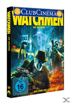 DVD-Cover für Watchmen. Rorschach und andere Charaktere sind auf einer Stadtstraße.
