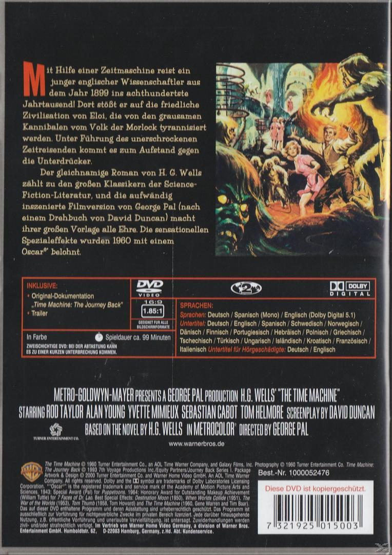 DVD-Hülle von Time Machine, mit Text und Bildern. Der Hintergrund zeigt eine Filmszene.