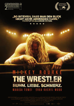 Filmplakat: Wrestler, Mickey Rourke, blondes Haar, lehnt sich an Seile in einem Wrestling-Ring.