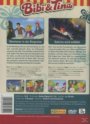 Rückseite einer Bibi & Tina DVD. Zeichentrick-Szenen und Text werden auf blauem Hintergrund angezeigt.